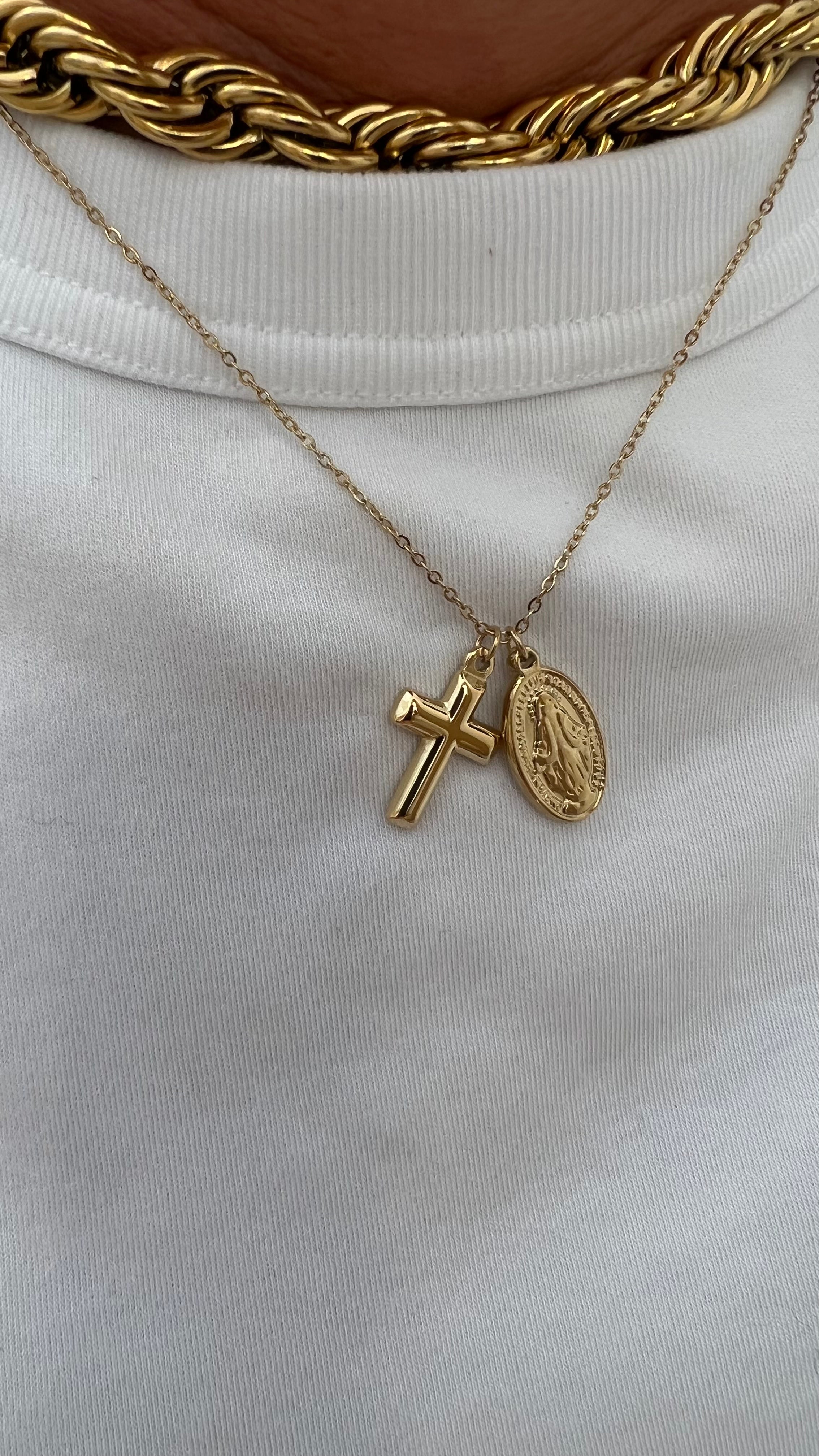 COLLAR CRUZ Y VIRGEN MILAGROSA